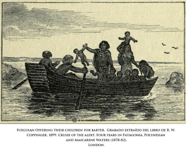 La etiqueta "Fueguinos ofreciendo sus niños para el trueque acentúa la idea del "salvaje"