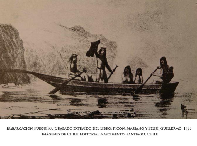 La etiqueta "Fueguinos ofreciendo sus niños para el trueque acentúa la idea del "salvaje"